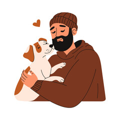 Obraz premium Man holding dog. Cartoon cute doggy with owner, flat person character with adorable puppy pet, dogs adoption concept. Vector isolated illustration