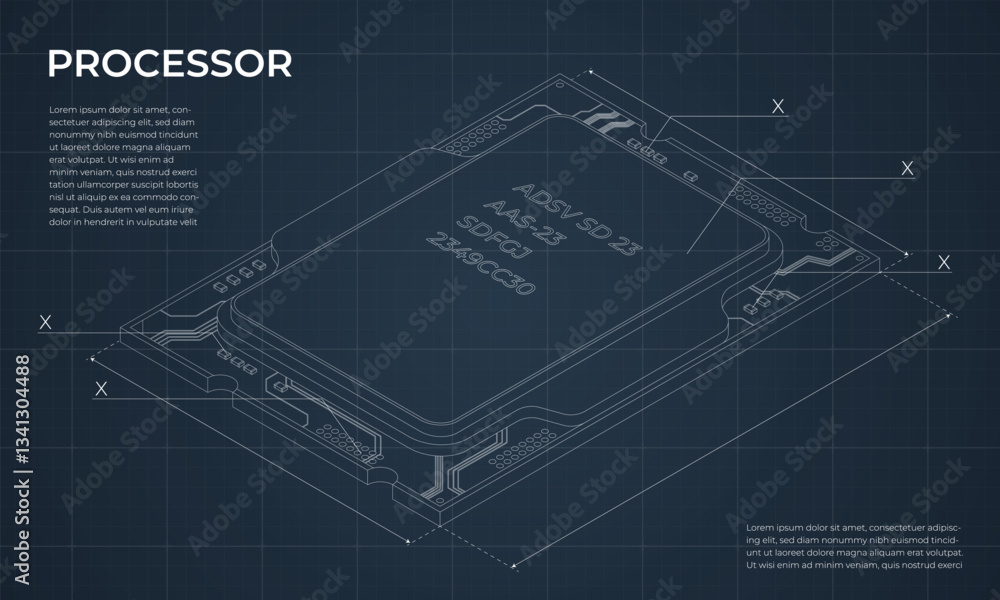 Poster isometric processor blueprint. central processing unit or cpu. computer hardware components. semicon