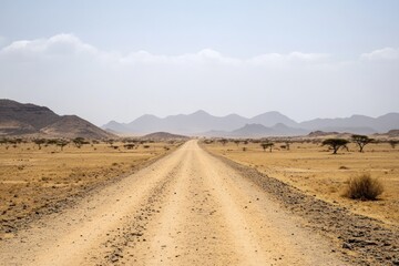 A long dirt road winds through a vast arid landscape with mountains