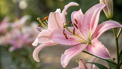 Fototapeta premium Delicate pink lily petals unfurl in a stunning macro shot, showcasing nature's intricate artistry.