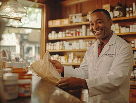Smiling Pharmacist Showing Medication To Client