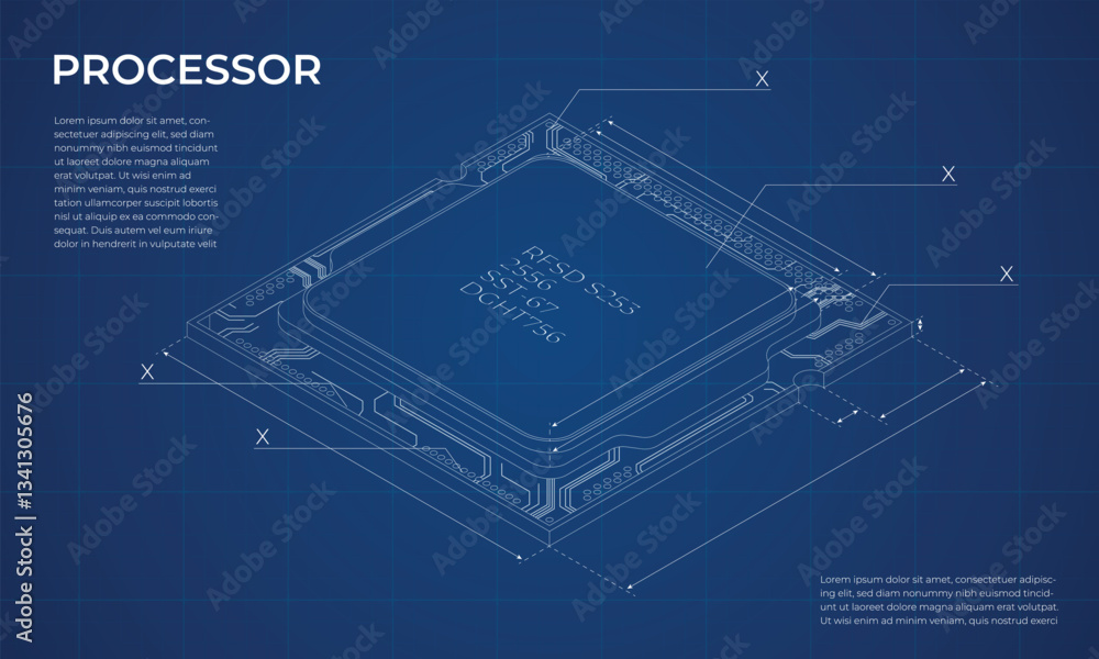 Poster isometric processor blueprint. central processing unit or cpu. computer hardware components. semicon