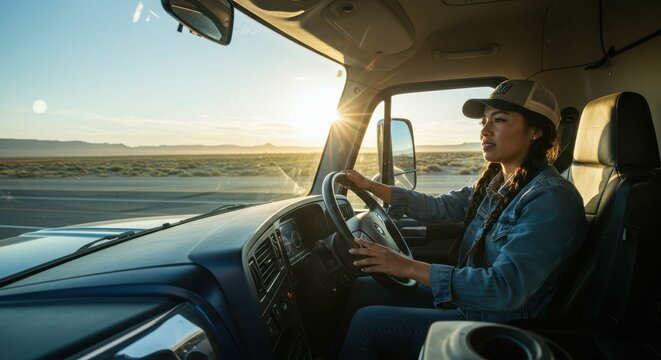 Young hispanic female truck driver on open road at sunset