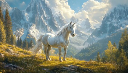 A silver unicorn wandering through an alpine meadow, towering mountains in the background, soft sunlight, delicate rainbow shimmer, fantasy art, highdetail painting, 8K resolution