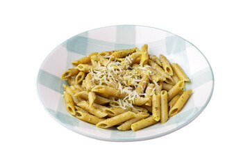 Italian pasta penne on a plate with pesto sauce and parmesan cheese isolated over white background