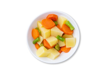 Cooked vegetables in a bowl isolated over white background
