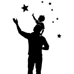 Silhouette vector illustration of a child sitting on their father's shoulders, joyfully pointing at the sky 