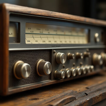 Close-up shot of a retro tabletop radio with large frequency dials and analog display, emphasizing the metallic knobs and textured speaker covering