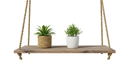A rustic hanging wooden shelf supported by thick ropes, holding two potted plants a woven basket plant and a glossy white ceramic planter isolated on a white background.