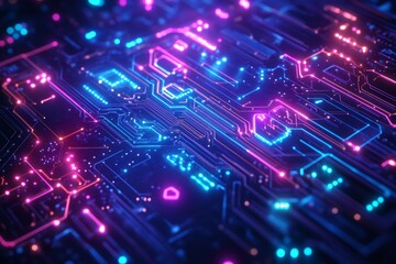 Obraz premium Futuristic circuit board pulsating with pink and blue lights