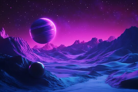 Cosmic dreamscape featuring bioluminescent planets with swirling auroralike atmospheres stellar nebulae and crystalline rings against deep space rendered in vibrant neons