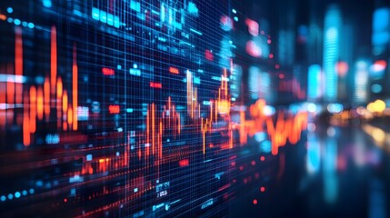 A futuristic digital display showcases dynamic stock market data and vibrant city lights reflecting technological advancements.