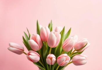Naklejka premium A cluster of pale pink tulips, softly illuminated against a matching pastel background, tulips, freshness