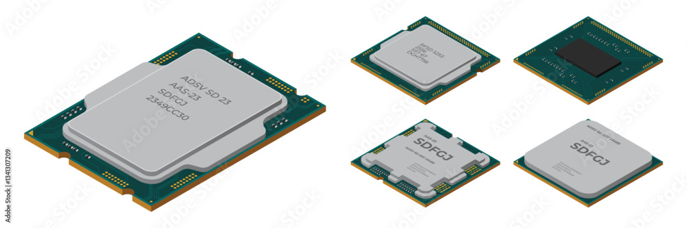 Poster set of isometric processor. central processing unit or cpu. computer hardware components. semiconduc