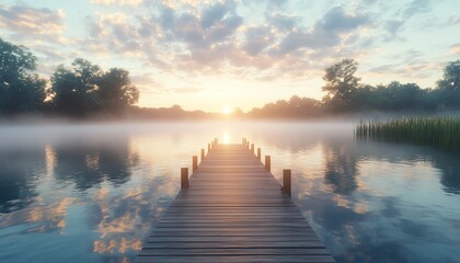 Fototapeta premium Morning mist drifting across a tranquil lake