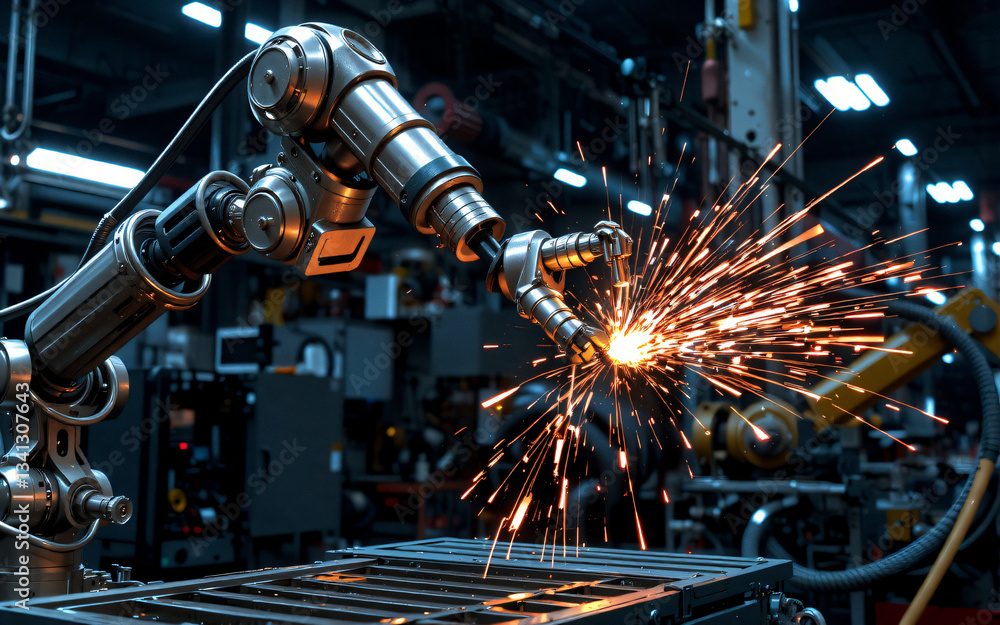 Poster robotic arm expertly welds metal components in a factory setting, showcasing automation and precisio