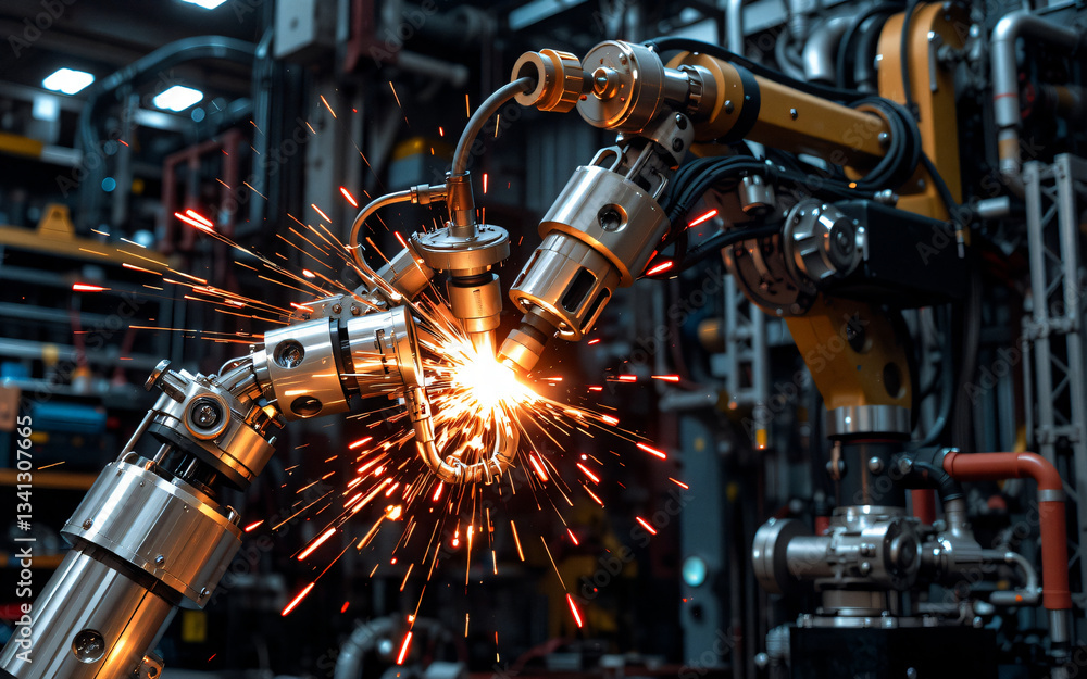 Leinwandbilder automated robotic arm precisely welds metal components in a factory setting, generating bright spark