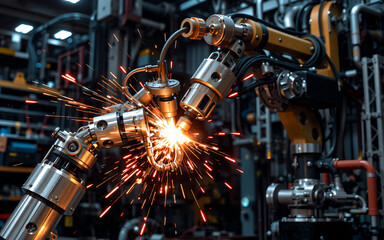 Fototapeta premium Automated robotic arm precisely welds metal components in a factory setting, generating bright sparks in a modern industrial process.