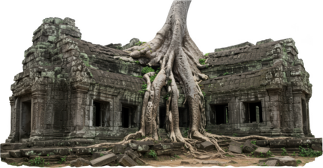 Ancient Stone Temple Ruins Overgrown by Massive Tree Roots in Southeast Asia