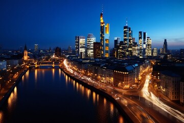Fototapeta premium Frankfurt cityscape at night illuminating the river main