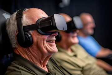 Senior men enjoying virtual reality experience with headsets and headphones