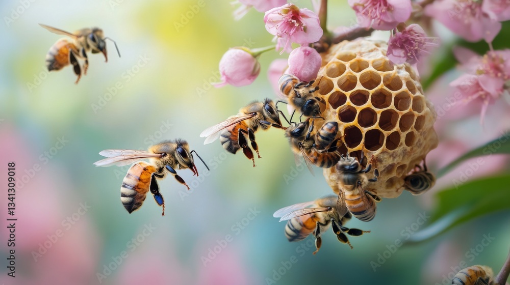 Poster Bees creating a nest on a flower branch, with some bees working on the hive and others collecting pollen.