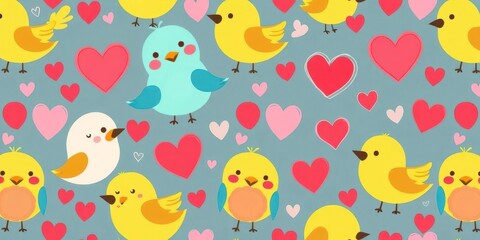 Adorable cartoon birds, hearts, & love-themed seamless repeat pattern , seamless pattern, fabric