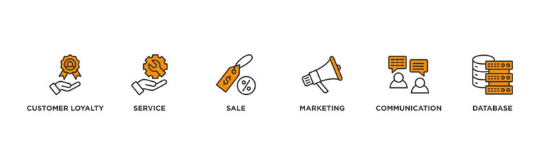 CRM banner web icon illustration concept for customer relationship management with icon of customer loyalty, service, sale, marketing, communication, and database