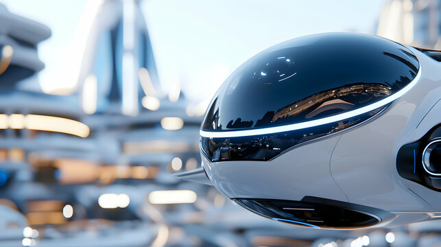 Futuristic White Drone over a Clean Cityscape