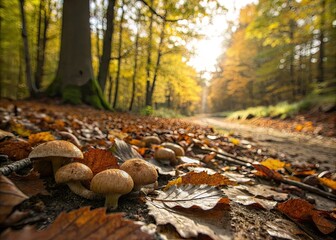 Obraz premium Fallen leaves and hidden glands on the autumnal forest floor; a detailed nature macro captures intricate beauty.
