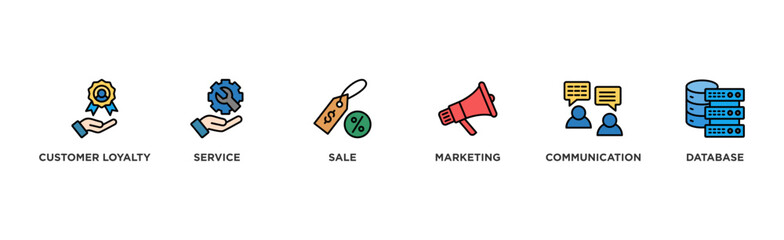 CRM banner web icon illustration concept for customer relationship management with icon of customer loyalty, service, sale, marketing, communication, and database