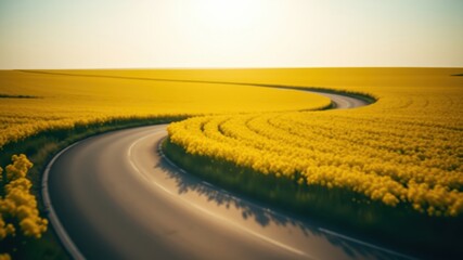 Fototapeta premium Serene winding road through a vibrant field of yellow wildflowers at sunset