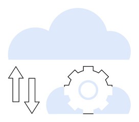 Cloud with upward and downward arrows next to a gear shape, representing data exchange, cloud storage, server management. Ideal for cloud technology, automation, digital transformation, innovation