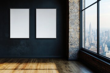 Empty frames on dark wall, urban view