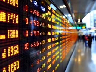 A large digital stock ticker displays fluctuating financial data in a bustling exchange hall showcasing market trends and investment opportunities.