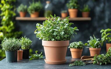 Herb garden on countertop with terracotta pots