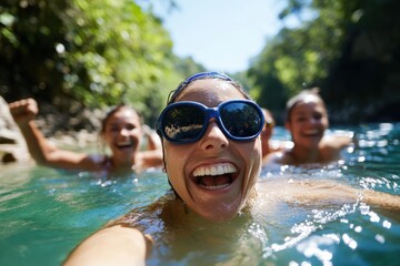 Capturing the joy of friendship, three women smile radiantly while swimming in a natural water oasis, reflecting happiness and carefree moments in a beautiful setting.
