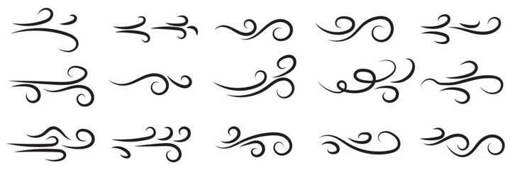 Obraz premium Doodle wind line sketch set. Hand drawn doodle wind motion, air blow, swirl elements. Sketch drawn air blow motion, smoke flow art, abstract line. Isolated on white background . vector illustration