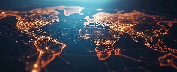 Abstract visualization of global network connections glowing lines link floating data nodes across world map futuristic representation of international business and digital communication