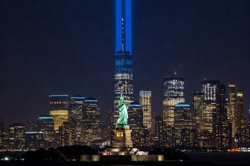 Naklejka premium The New York City Skyline Displays Tribute Light Beams at Night