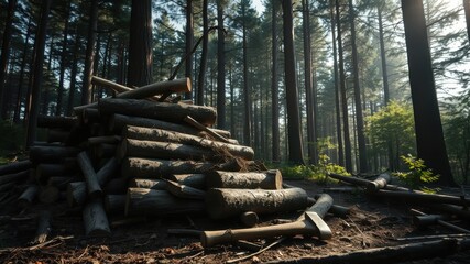 Obraz premium A woodcutter's axe rests beside a stack of freshly cut logs in a sun-dappled forest