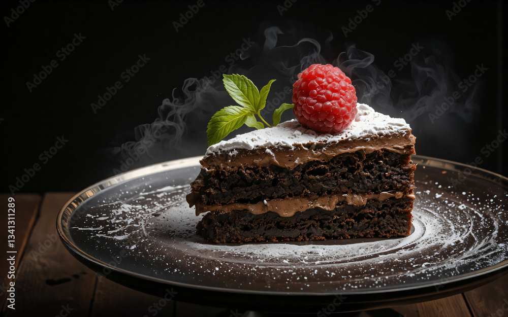 Poster delicious slice of chocolate cake topped with fresh raspberry and mint on a plate, dusted with powde