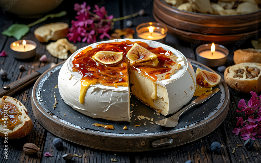 Poster creamy cheese wheel drizzled with honey and topped with figs, presented on a rustic wooden table wit