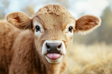 Close-up of a cute cow sticking its tongue out