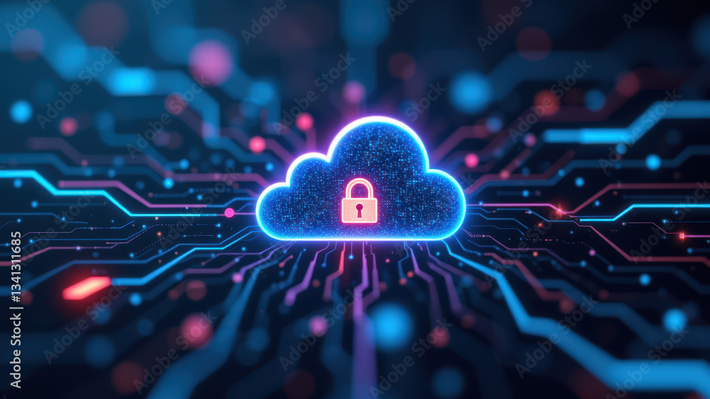 Poster cybersecurity icon with a cloud data center lock on a glowing circuit board background.