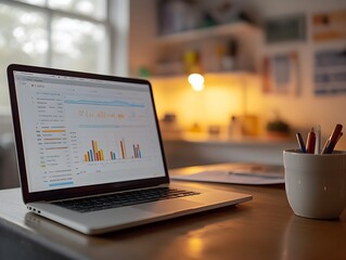 A modern laptop displays detailed business analytics charts and graphs in a cozy home office setting with warm lighting.