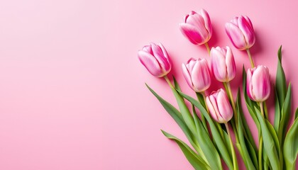 Fototapeta premium Pink Tulips Bouquet on Pink Background: Spring Flowers Photography