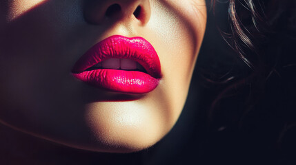 Fototapeta premium Enigmatic Model with Bold Pink Lips, Partially Shadowed Profile, Theatrical Lighting, and Chic Minimalist Aesthetics