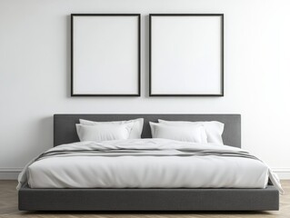 A bed with two white pillows and a black frame. The bed is made and the pillows are neatly arranged