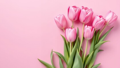 Pink Tulips Bouquet on a Pastel Pink Background: A Delicate Spring Floral Arrangement
